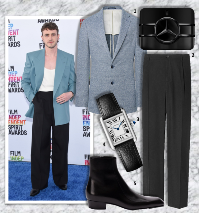 1. Blazer, €549, Hackett London; 2. Eau de parfum Sign Your Power, 50ml, €73, Montblanc na Perfumes & Companhia; 3. Calças, €39,99, Mango; 4. Relógio Tank Must SolarBeat, €3650, Cartier na Boutique dos Relógios Plus; 5. Botas Augustin, €1250, Saint Laurent.