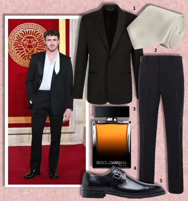 1. Blazer, €2600, Dior; 2. Gravata, €15,99, Mr.Blue; 3. Calças, €414, OAMC na Stivali; 4. Eau de parfum The One, 150ml, €152, Dolce & Gabbana; 5. Sapatos, €149,95, Decenio. 