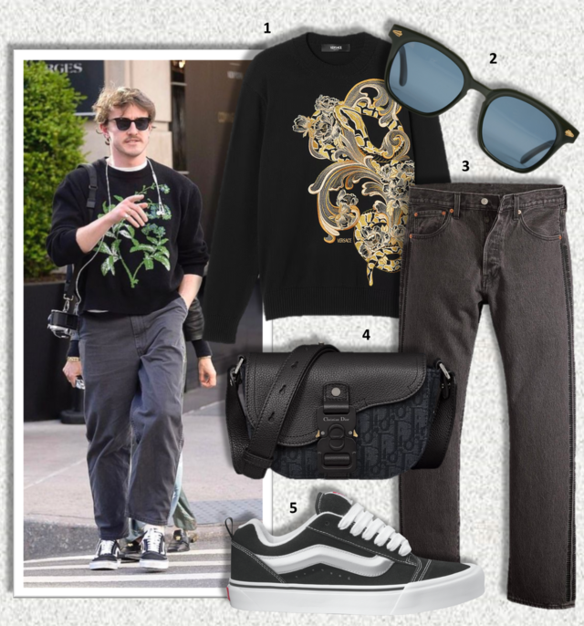 1. Sweatshirt, €1250, Versace; 2. Óculos de sol Gustave, €290, Family Affair na André Ópticas; 3. Jeans 501, €160, Levi’s X Undercover; 4. Carteira Mini Saddle Messenger, €1750, Dior; 5. Ténis Knu Skool, €95, Vans.