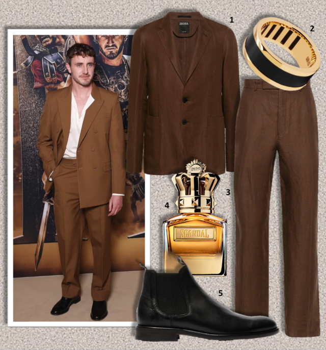 1. Blazer, €2500, Zegna na Stivali; 2. Anel Orion, €1479,90, Eugénio Campos; 3. Calças, €795, Zegna na Stivali; 4. Eau de parfum Scandal Absolu, 50ml, €109,90, Jean Paul Gaultier na Perfumes & Companhia; 5. Botas, €169,90, Fly London. 