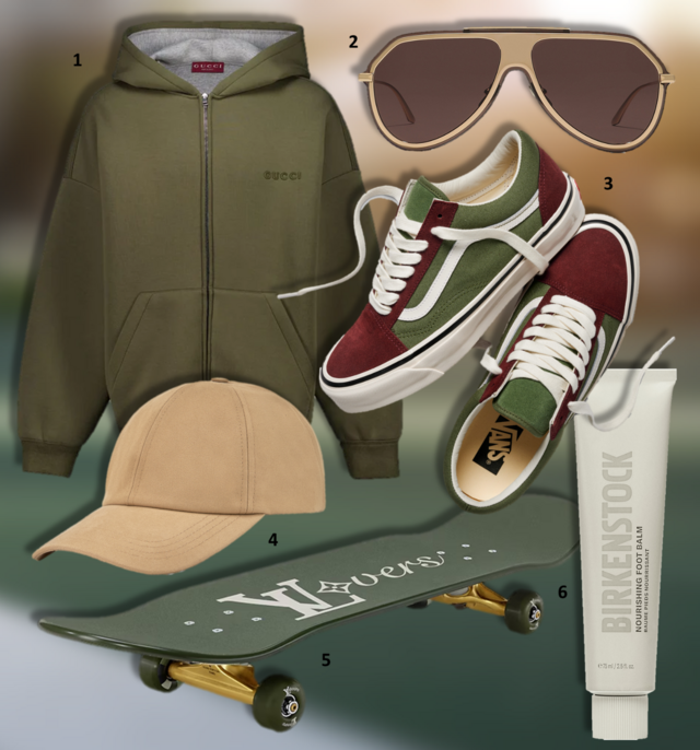1. Blusão, €1500, Gucci na Fashion Clinic; 2. Óculos de sol Metal Classic, €475, Dolce & Gabbana; 3. Ténis Old Skool, €85, Vans; 4. Boné, €48, A Line; 5. Prancha de skate Damoflage, Louis Vuitton (preço sob consulta); 6. Bálsamo nutritivo para os pés, 75ml, €25, Birkenstock. 