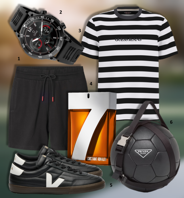 1. Calções, €89,95, Hackett London; 2. Smartwatch SportyCall, €149, One; 3. T-shirt, €45, Guess Jeans; 4. Eau de toilette CR7 Fearless, 50ml, €56,35, Cristiano Ronaldo, exclusivo na Perfumes & Companhia; 5. Ténis Panenka, €140, Veja; 6. Bola de futebol, €860, Prada. 