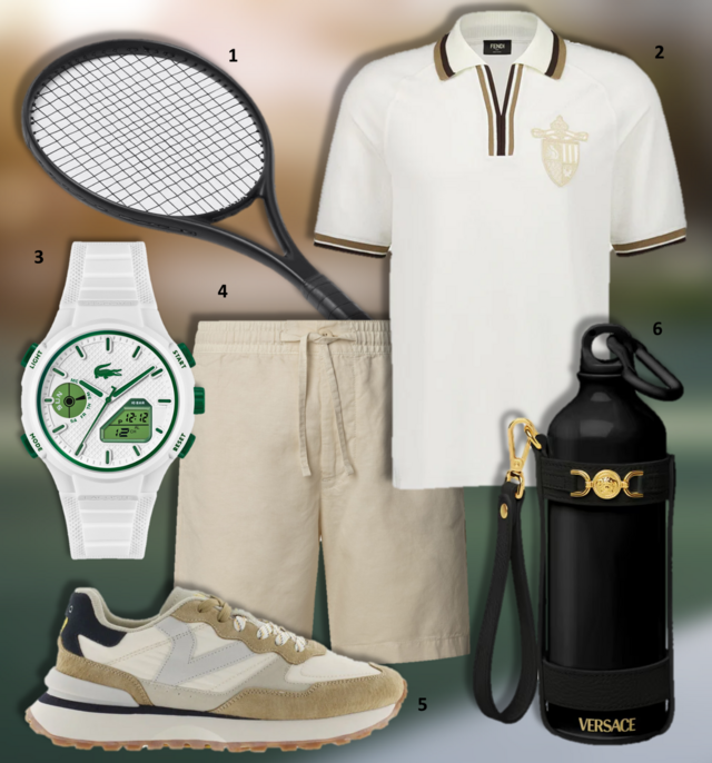 1. Raquete de ténis, €1850, Prada; 2. Pólo, €650, Fendi na Fashion Clinic; 3. Relógio LC33, €99, Lacoste na Boutique dos Relógios; 4. Calções, €59,90, Pepe Jeans; 5. Ténis Rush Sport, €99,90, Victoria; 6. Garrafa Medusa, €330, Versace. 