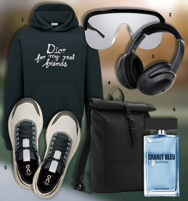 1. Sweatshirt, €1400, Dior and Hylton Nel; 2. Óculos, €245, Gucci na Óptica Boavista; 3. Auscultadores Tour ONE M3, a partir de €349,99, JBL; 4. Mochila, €39,99, Mango; 5. Ténis Cloudnova Form2, €150, On; 6. Eau de toilette Granit Blue, €44,95, Yves Rocher.  