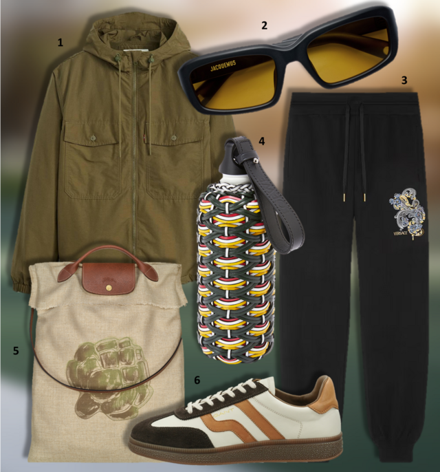 1. Blusão Arcata Windbreaker, €130, Levi’s; 2. Óculos de sol Marino da coleção La Croisière, €320, Jacquemus; 3. Calças, €1250, Versace; 4. Garrafa, €390, Loewe; 5. Mochila Le Pliage XL Artichoke, €350, Longchamp; 6. Ténis Cuzmo, €129,95, Gant. 