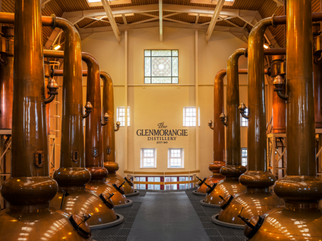 Os famosos alambiques da Glenmorangie, altos como uma girafa.