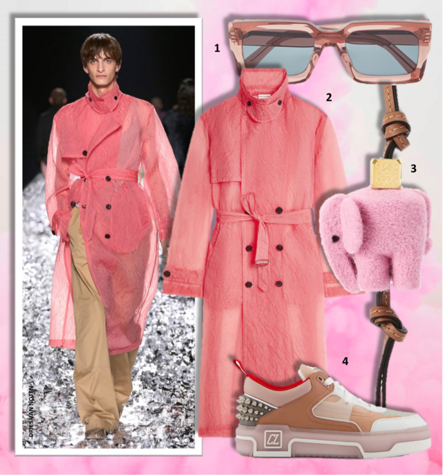 1.Óculos de sol Black Frame 53, €370, Celine Homme; 2. Trench-coat, €1795, Dries Van Noten; 3. Porta-chaves, €400, Loewe; 4. Ténis Albatre Astroloubi, €850, Christian Louboutin na Fashion Clinic.