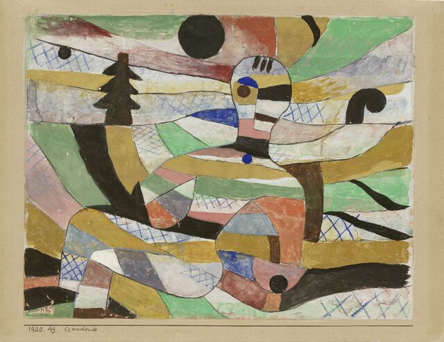 Paul Klee Despertar, 1920 (Awakening) Acuarela y gouache sobre papel con  imprimación sobre cartón, 22,5 x 28  cm Museum Berggruen, Neue  Nationalgalerie, Stiftung Preußischer  Kulturbesitz, Berlí