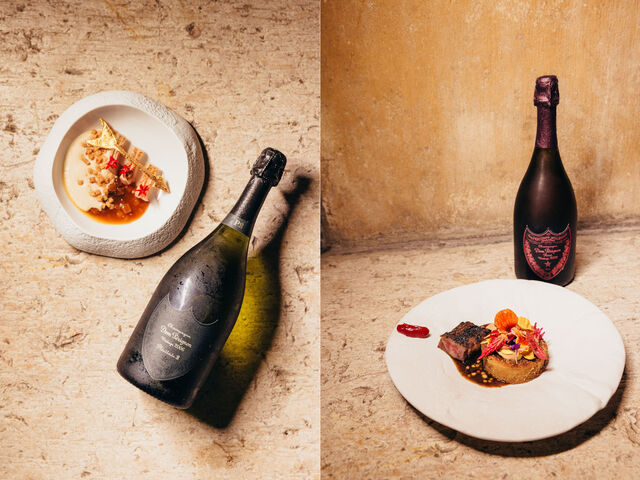 No lado direito, salmonetes assados com molho beurre blanc e avelãs, acompanhados por batatas noisette; lado esquerdo, Wagyu com o Rosé