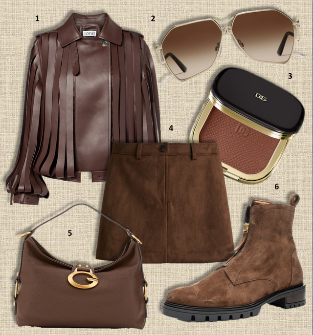 Sugestões de peças de vestuário e acessórios castanhos