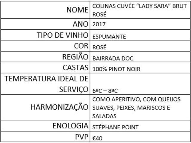 Espumante Colinas Cuvée "Lady Sara" Brut Rosé, Bairrada DOC, de 2017, feito com Pinot Noir