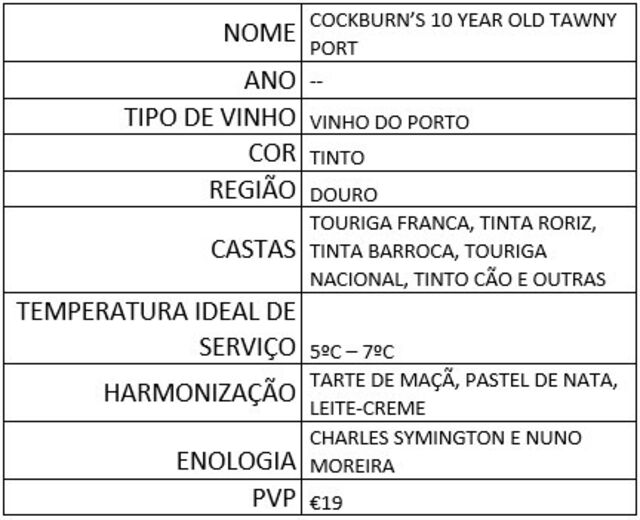 Vinho do Porto Tawny 10 anos Cockburn's, Douro. Harmoniza com tarte de maçã