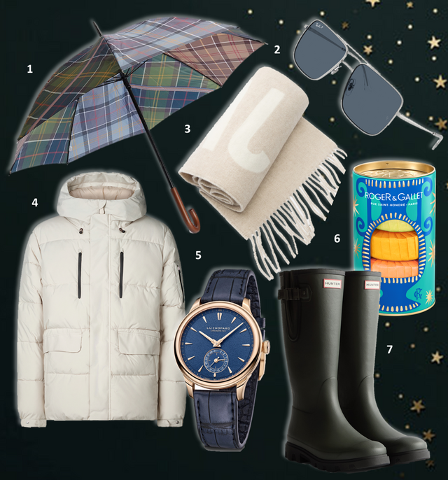 1. Chapéu de chuva, €69,90, Barbour; 2. Óculos de sol Ari Bio-Based, €167, Ray-Ban na Sunglass Hut; 3. Cachecol Les Classiques, €190, Jacquemus; 4. Blusão, €449, Save The Duck; 5. Relógio L.U.C Quattro - Mark IV, €41 300, Chopard; 6. Coffret 3 Sabonetes de Bem-Estar, €20,50, Roger & Gallet; 7. Botas Downpour Field Wellington, €110, Hunter.  