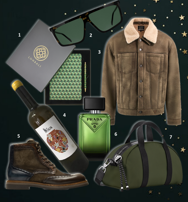 1. Set Born Jungle, €32, Lonbali; 2. Óculos de sol, €110, Karl Lagerfeld; 3. Blusão, €199, Guess; 4. Vinho branco NaTalha 2024, €17, Gerações da Talha; 5. Botas Brogue, €159, Ambitious; 6. Eau de parfum Paradigme, 100ml, €145,40, Prada na Perfumes & Companhia. 7. Saco Le Pliage Energy, €240, Longchamp.  