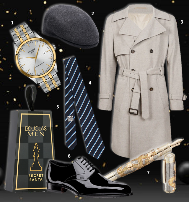 1. Relógio Classic Dream PM80, €515, Tissot na Boutique dos Relógios; 2. Boina, €22,50, Lion of Porches; 3. Trench-coat, €2340, Eleventy; 4. Gravata, €245, Hermès; 5. Coffret Secret Santa, €5,99, Douglas; 6. Sapatos Timeless Derby, €950, Dior; 7. Caneta de aparo A Journey Among Dragons Limited Edition 8, Montblanc (preço sob consulta).   