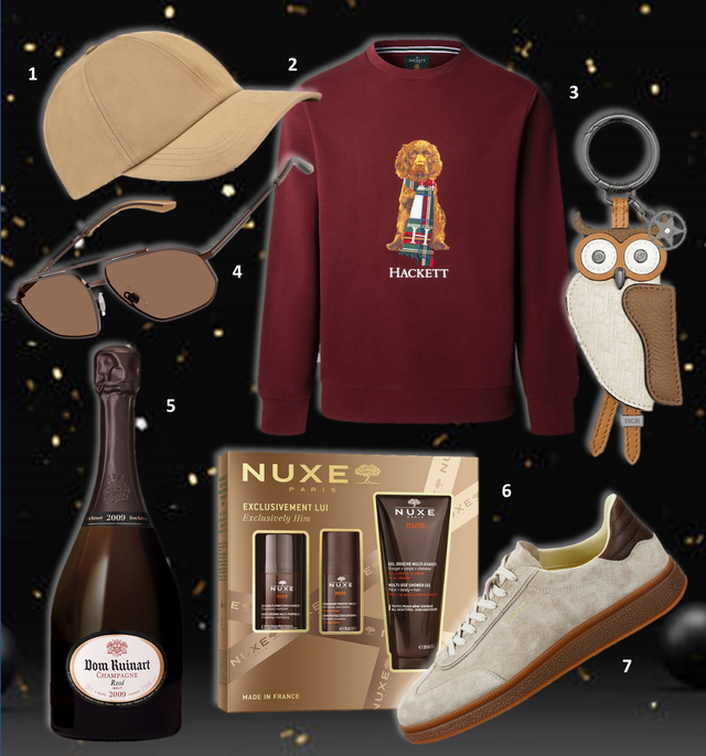 1. Boné, €48, A Line; 2. Sweatshirt Harry, €199, Hackett London; 3. Porta-chaves Saddle Owl, €590, Dior; 4. Óculos de sol, €345, Dolce & Gabbana; 5. Champanhe Dom Ruinart Rosé 2009 (preço sob consulta); 6. Coffret com gel hidratante multifunções, 50ml, desodorizante 24H, 50ml,  e gel duche multifunções, 200ml, €29, Nuxe; 7. Ténis Cuzmo, €129,95, Gant.  