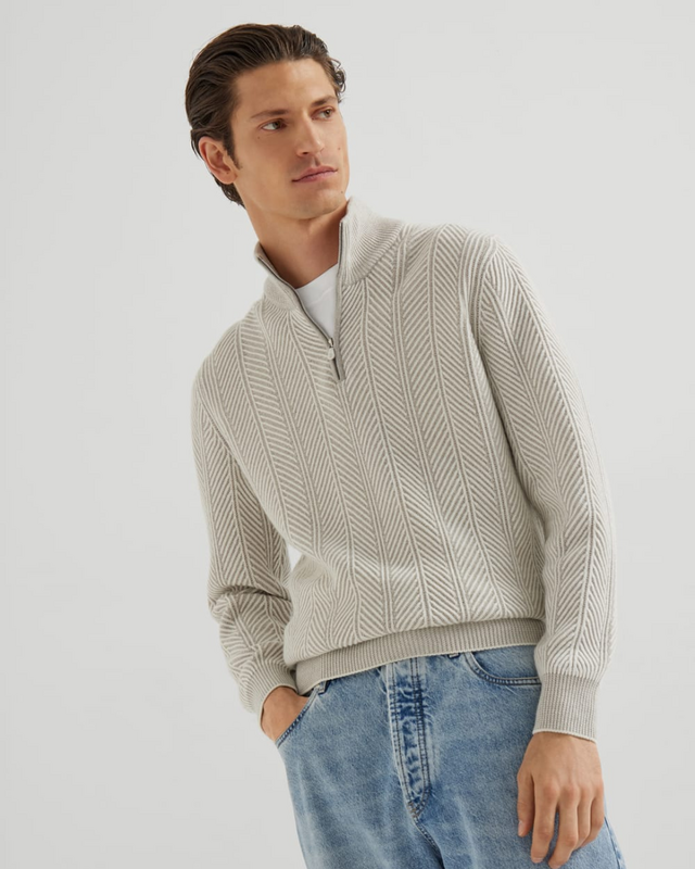Brunello Cucinelli, Cashmere vanisé chevron sweater with half zip, € 3600.